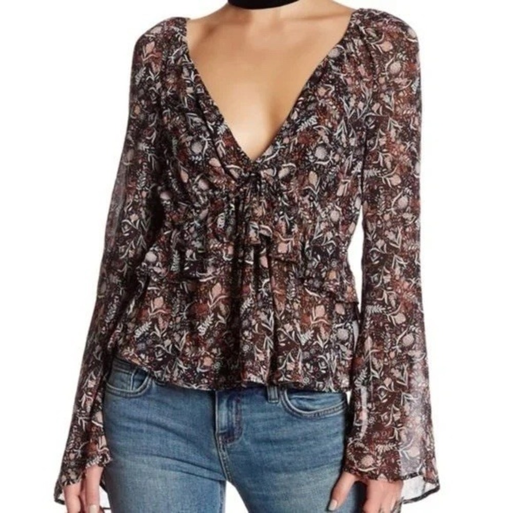 Free People Womens Small Floral Deep V-Neck Uptown Bell Long‎ Sleeve Blouse